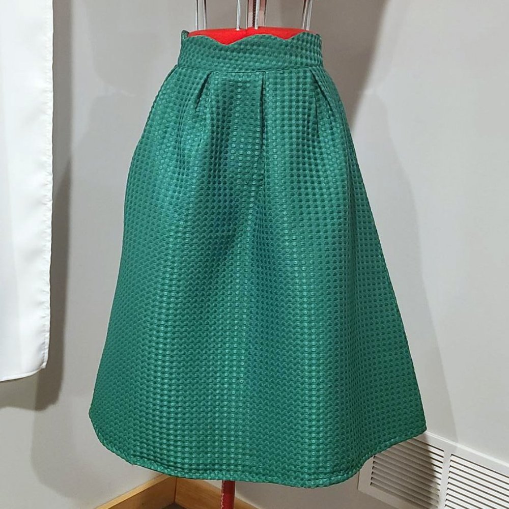 High Waist Full A Line Scalloped waist Swing Midi Skirt